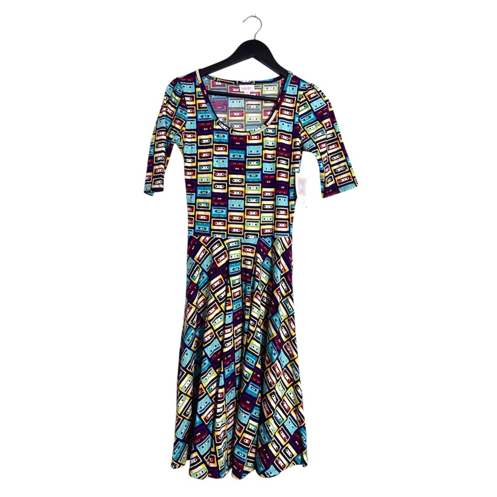 NWT LuLaRoe Nicole Cassette Tape Print Dress Retro Fit & Flare Size XS